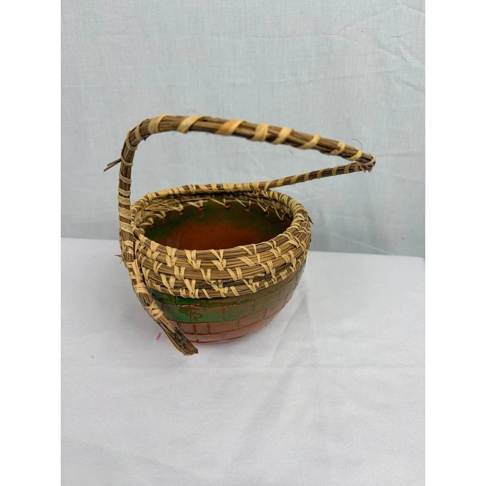 Handmade Glazed Pottery Basket Bowl Woven Pine Needle Rim Handle Green Brown